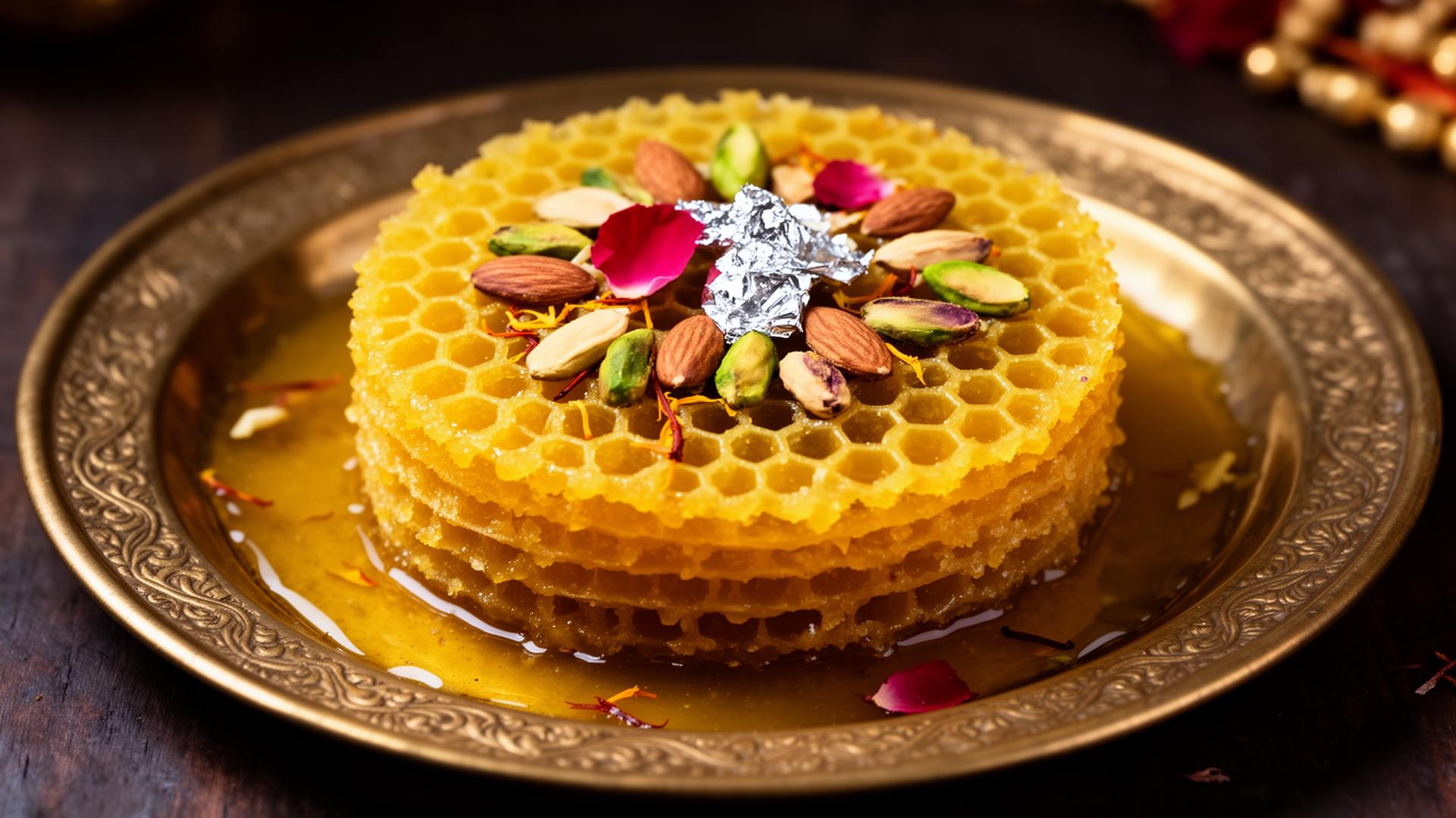 Close-up of Ghebar with pistachio and silver leaf